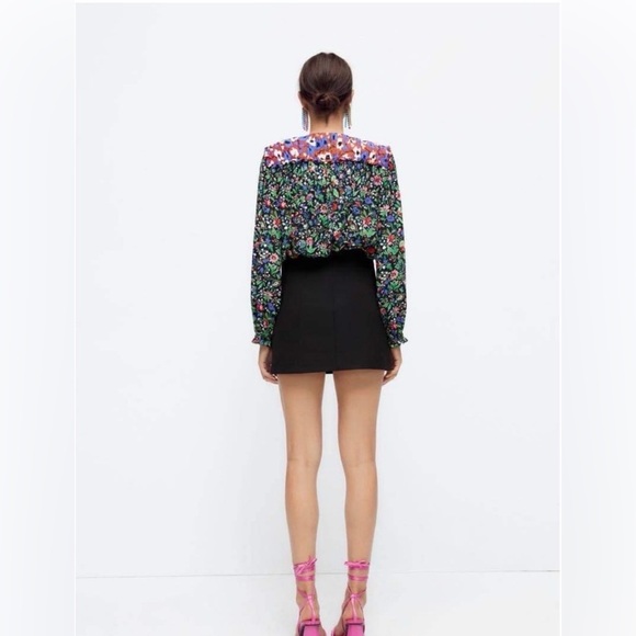 Zara Woman Shoulder Pad Patchwork Floral Print Top Blouse - Picture 3 of 7